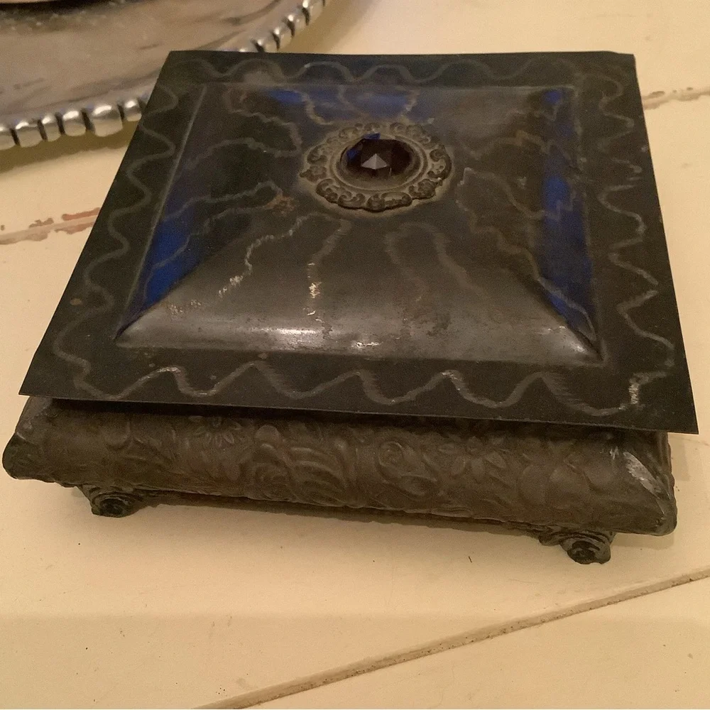 Vintage Antique Square Metal Decorated Jewelry Trinket Box